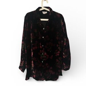 VTG EUC Floral Velvet Button-Up Blouse with Iridescent Buttons